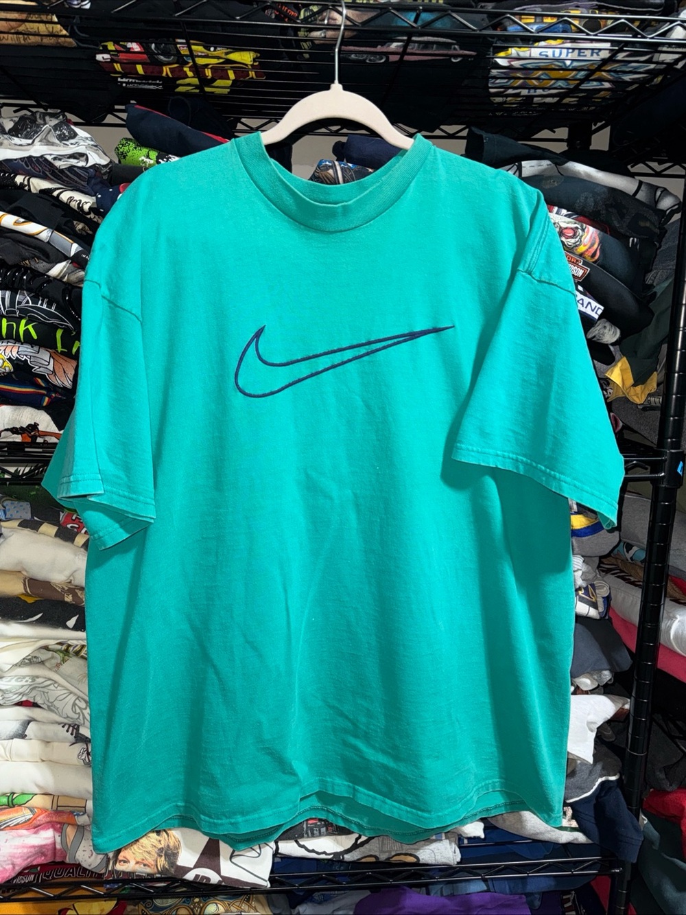 Vintage 90s Nike Navy Embroidered Big Swoosh Teal Shirt Size XXL White Tag